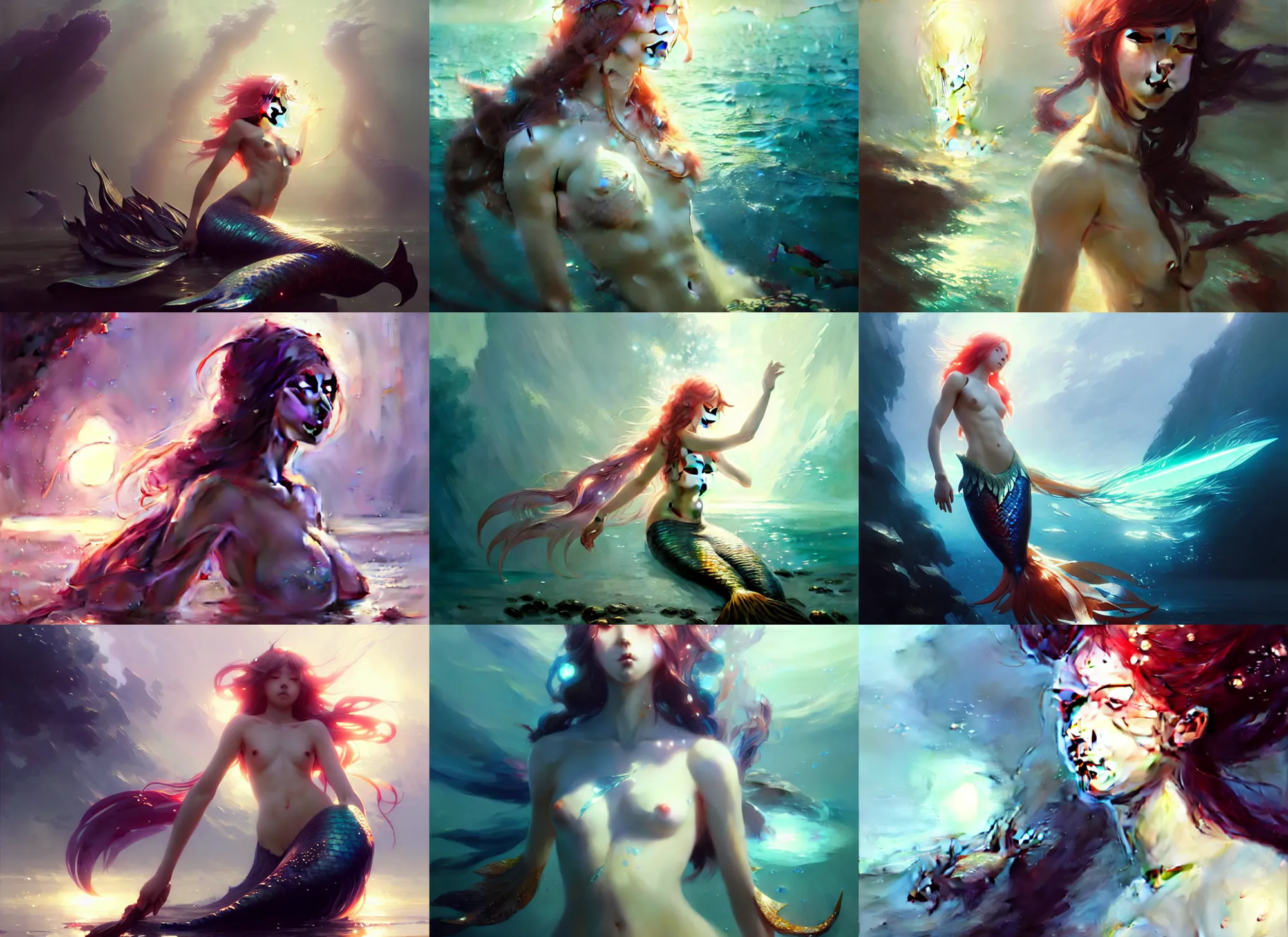 Prompt: beautiful anime mermaid, intricate, sharp focus, lens flare, bloom, illustration, highly detailed, digital painting, concept art, matte, art by ruan jia and wlop and greg rutkowski, masterpiece