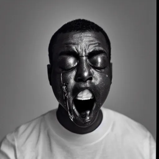 Image similar to photo of a man pointing a gun to his mouth while crying, before suicide, in the style of martin schoeller