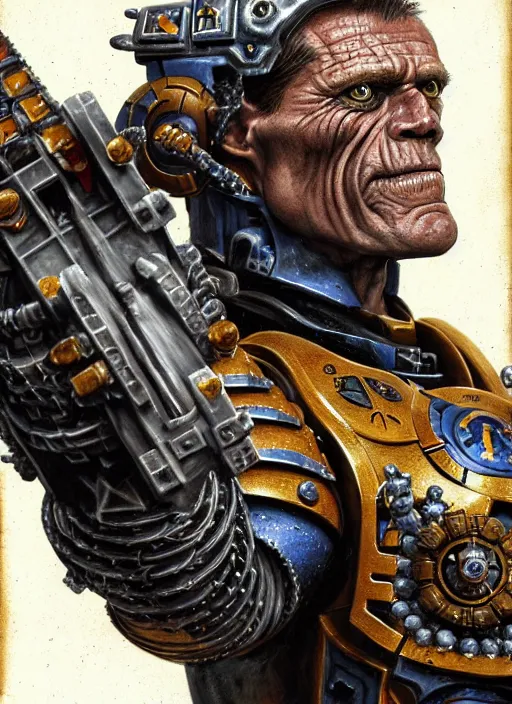 Image similar to portrait of willem dafoe as a space marine, intricate, warhammer, warhammer 4 0 k, highly detailed, digital painting, concept art, sharp focus, illustration, muted colors, grim dark, moody, gloomy, art by john blanche, by pedro nunez, by jaime martinez, by nacho molina