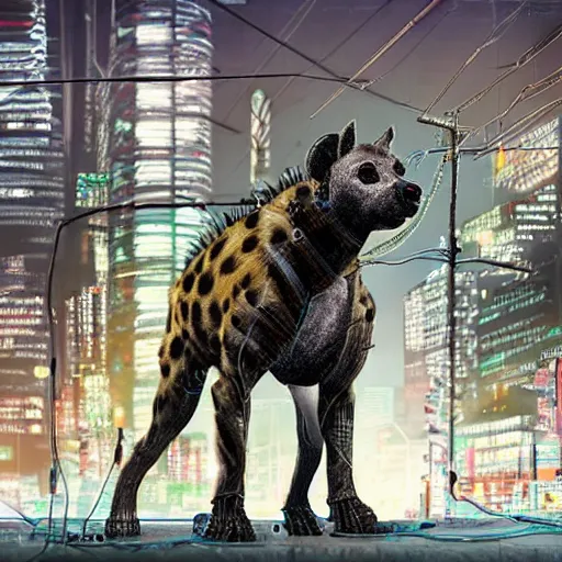 Image similar to cyborg hyena, beksinki style, many wires and exposed metal shown, huge cyberpunk city in background