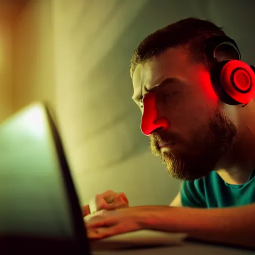 Prompt: a photograph of a man furiously typing a response to a mean internet post while steam comes from his ears and his eyes glow red