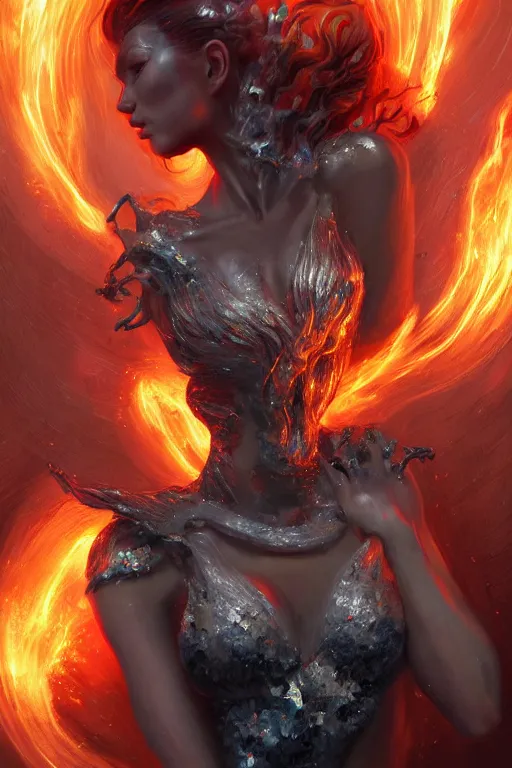 Image similar to torso closeup model wearing exploding fire crystal dress, fire exploding from head, sorcerer, diamonds, angel, fantasy, dramatic lighting, highly detailed, digital painting, holding electricity, magic the gathering, hyper detailed, 3 d render, hyper realistic detailed portrait, peter mohrbacher, wlop, ruan jia