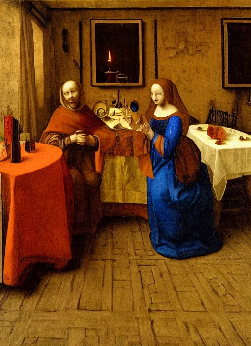 Image similar to a candlelit table at the inn, two people sitting at the table, swirling smoke, dark smoke, realistic, in the style of leonardo da vinci, dutch golden age, amsterdam, medieval painting by jan van eyck, johannes vermeer, florence