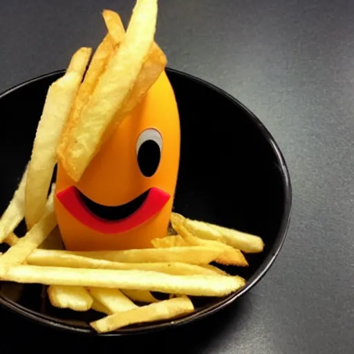 Image similar to photo of [ a single salted french fry chip ] shaped like that looks like stephen fry as a pixar character hybrid intercross mix cinematic lighting