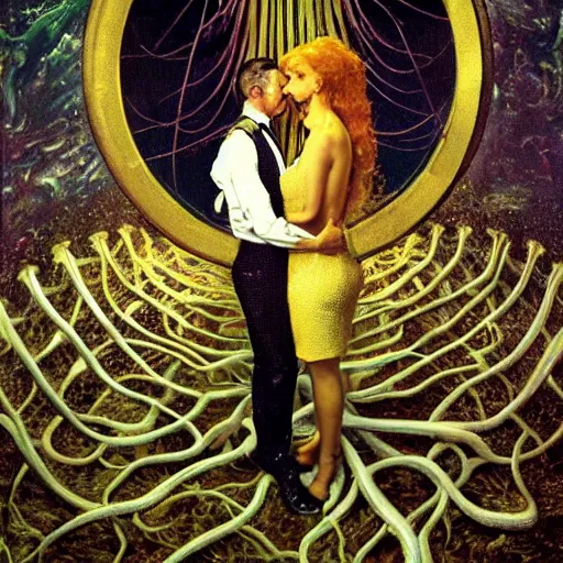 Image similar to two lovers wearing a suit made of nervous system, seated in a sofa, channeling third eye energy, surrounded by a background of dark cyber mystic garden of earthly delights, midnight hour, painted part by wojciech siudmak, part by ilya repin, part by norman rockwell, part by hype williams, artstation