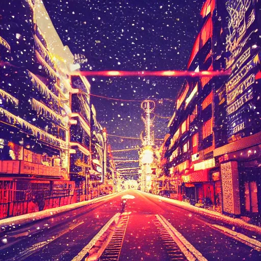 Image similar to illustration of tokyo with many lights and lens flares, snowy winter christmas night