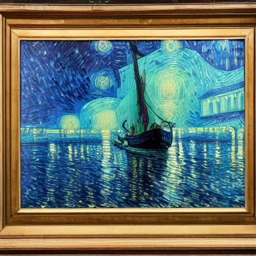 Image similar to oil painting of a flooded ship interior, light scatter, van gogh