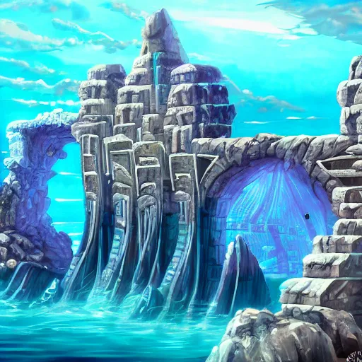 Image similar to ancient structure in the sea, retrowave epic art, trending on art station