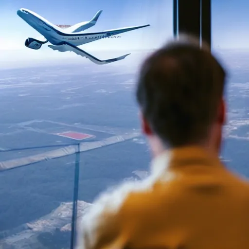 Prompt: man looking at giant airplane flying above towards huge glass windows