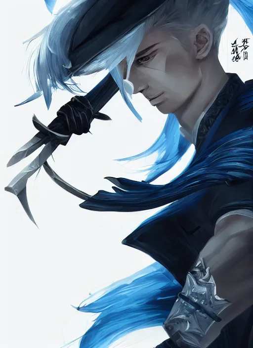 Prompt: a highly detailed illustration of fierce young short slick back white haired man wearing dark blue coat, bright blue eyes, dramatic wielding katana pose, intricate, elegant, highly detailed, centered, digital painting, artstation, concept art, smooth, sharp focus, league of legends concept art, wlop