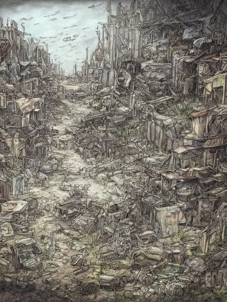 Image similar to post apocalyptic world, color pencil illustration