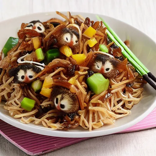 Prompt: Little raccoon crispy noodles