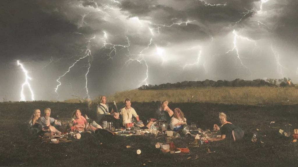 Prompt: a vision of climate change catastrophe, lightning, tornado, hurricane, hailstorm, gale-force winds, floods, as seen by a couple having picnic in a park, moody and dark large-format photography