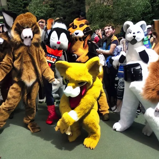 Image similar to A photograph taken at a furry convention of fursuiters having fun