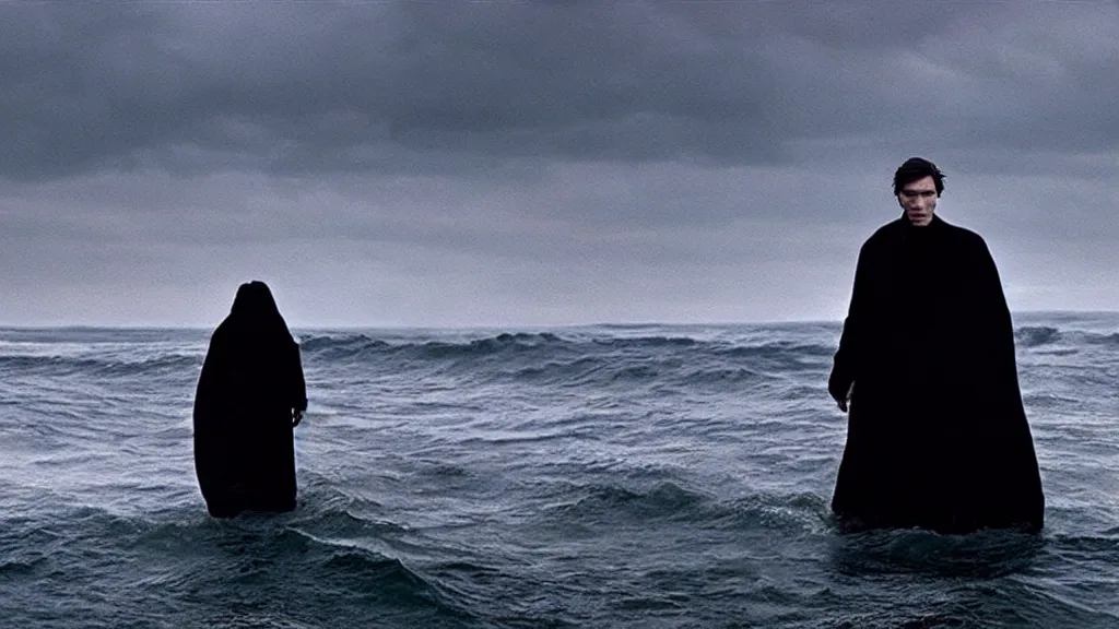 Prompt: Cillian Murphy coming out of the ocean, film still from the movie directed by Denis Villeneuve with art direction by Zdzisław Beksiński, wide lens