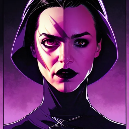 Image similar to rafael albuquerque comic cover art, artgerm, joshua middleton, pretty stella maeve witch doing black magic, serious look, purple dress, symmetrical eyes, symmetrical face, long black hair, twisted evil dark forest in the background, cool colors