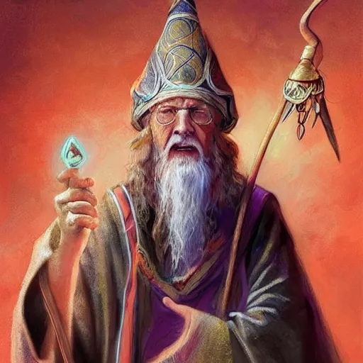 Image similar to “Old wizard with exquisite colored robes, Holding a staff with a crystal at the top, casting a spell, fantasy, D&D, 4k, ultra detailed, by Greg_Rutkowski and Viktor Antonov”