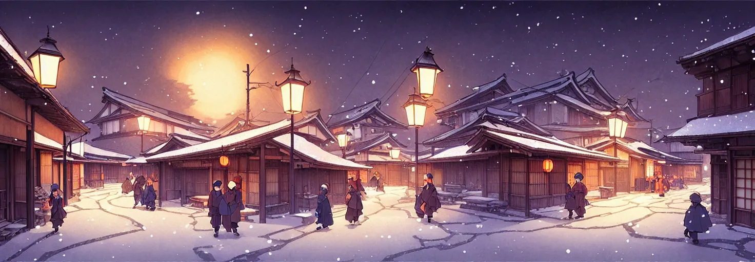 Image similar to empty rural japanese town at night, winter, in the style of studio ghibli, j. c. leyendecker, greg rutkowski, artem