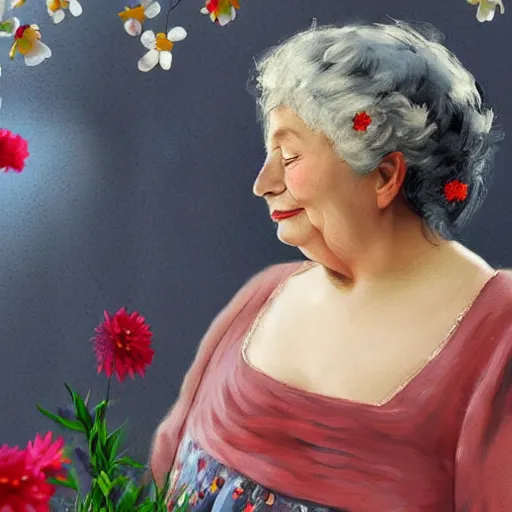 Prompt: of a very funny 3 d cinematic scene. a sweet fat old woman is in love with her self. flowery dress. symmetrical face, red mouth, blue eyes. a flowery dress. deep focus, lovely scene. ambient occlusion render. unreal engine. pencil and ink. goya painting style.