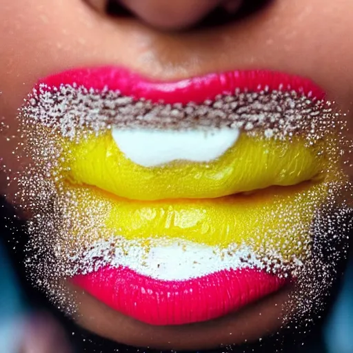 Image similar to a women with cake sprinkles lipstick, trending on Instagram, extreme closeup