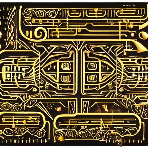 Image similar to hieroglyphic futuristic graffiti representing music score, intricate, complex, shiny, <gold>, high quality, high detail, artstation, 4k resolution