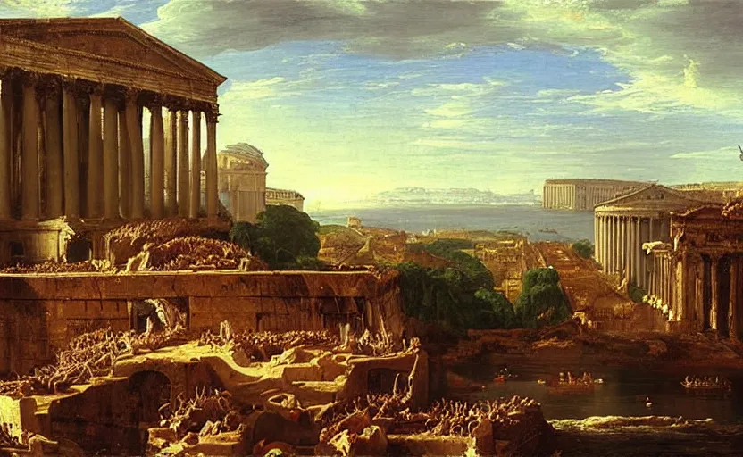 Image similar to “ the fall of rome by thomas cole, modern version, painting ”