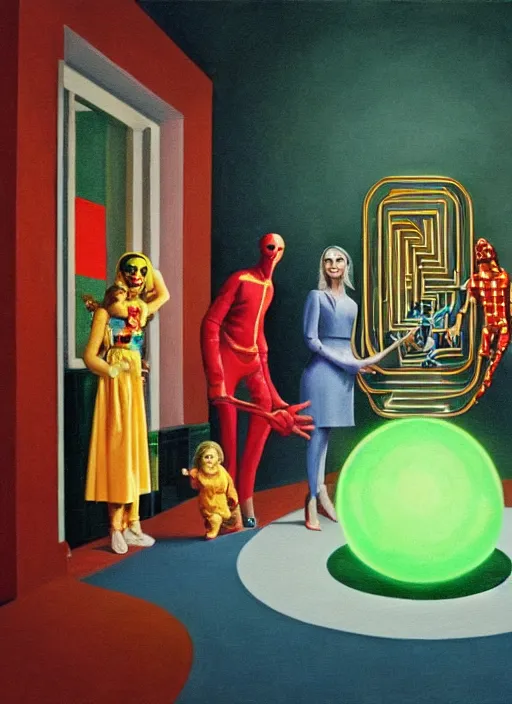 Image similar to painting of a gucci costumed family being shown how to open magic portals by a large glowing alien in their suburban living room maze, designed by gucci and wes anderson, energetic glowing orbs in the air, cinematic look, in the style of edward hopper, james jean, petra collins and mc. escher