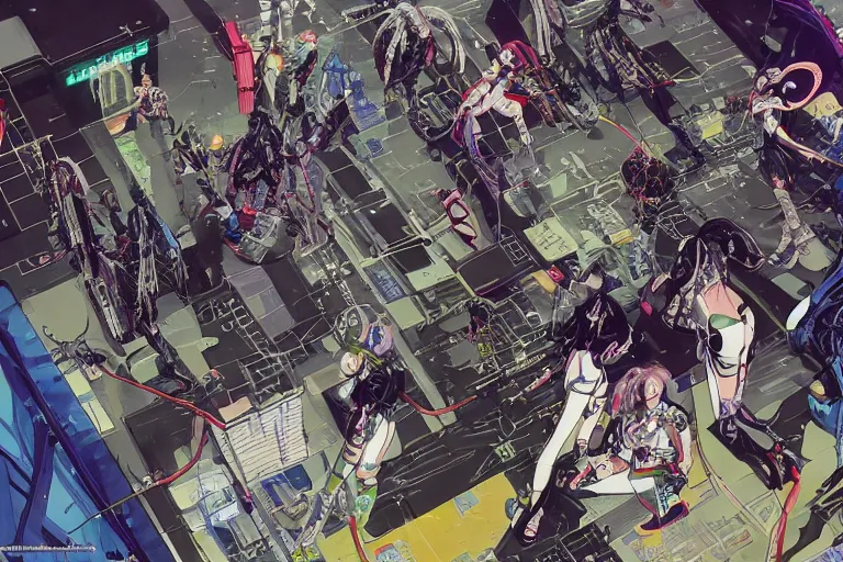 Image similar to a cyberpunk illustration of a group of super-coherent female androids dressed in seifuku in style of masamune shirow, lying scattered across an empty, white floor with their bodies rotated in different poses and cables and wires coming out, by yukito kishiro and katsuhiro otomo, hyper-detailed, intricate, view from above, colorful