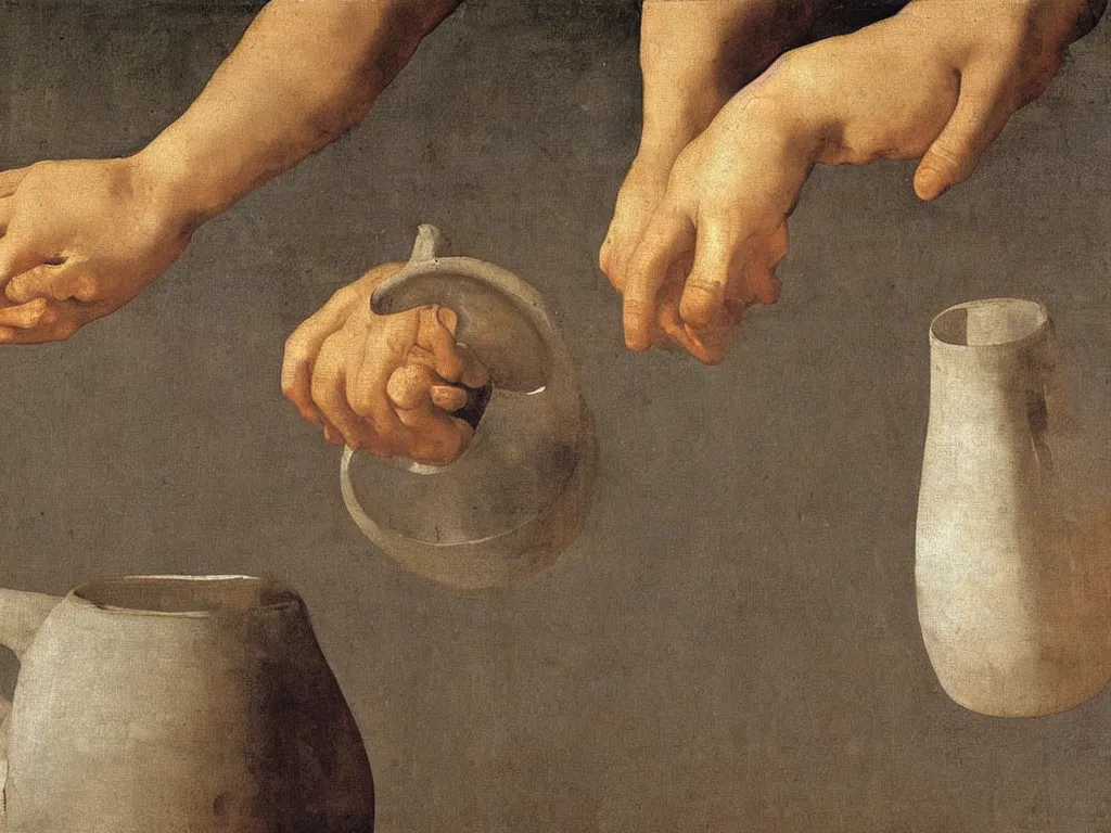 Image similar to Close up of hands holding a water jug. Painting by Zurbaran.