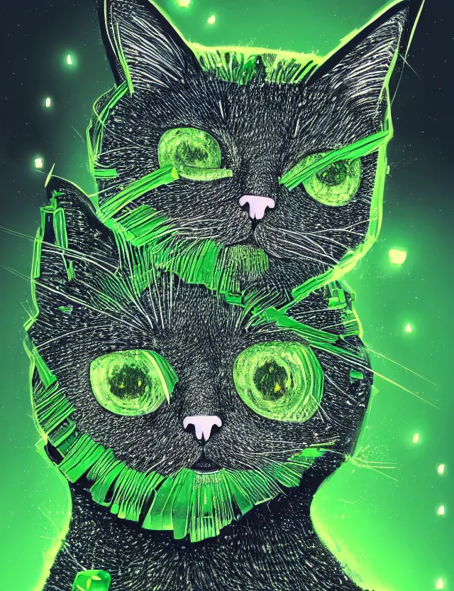 Prompt: a detailed illustration of a cat made of shiny green crystals, trending on artstation, digital art, 4 k resolution, detailed, high quality, sharp focus, hq artwork, coherent, insane detail, character portrait