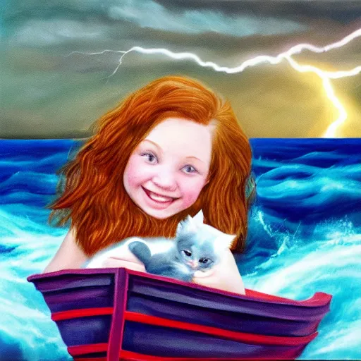 Image similar to oil painting of a young freckled redhead girl smiling and holding a kitten in a boat, in rough seas with large waves, dark clouds and lightning, depicted for a children\'s book