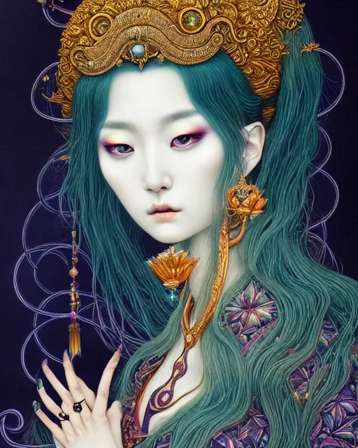 Image similar to portrait of a beautiful moon goddess, unusual beauty, esoteric, other worldly colors, head in focus, fantasy art, ornamental aesthetics, intricate, elegant, highly detailed, hyperrealistic painting, artstation, concept art, painterly, sharp focus, illustration, art by chie yoshii