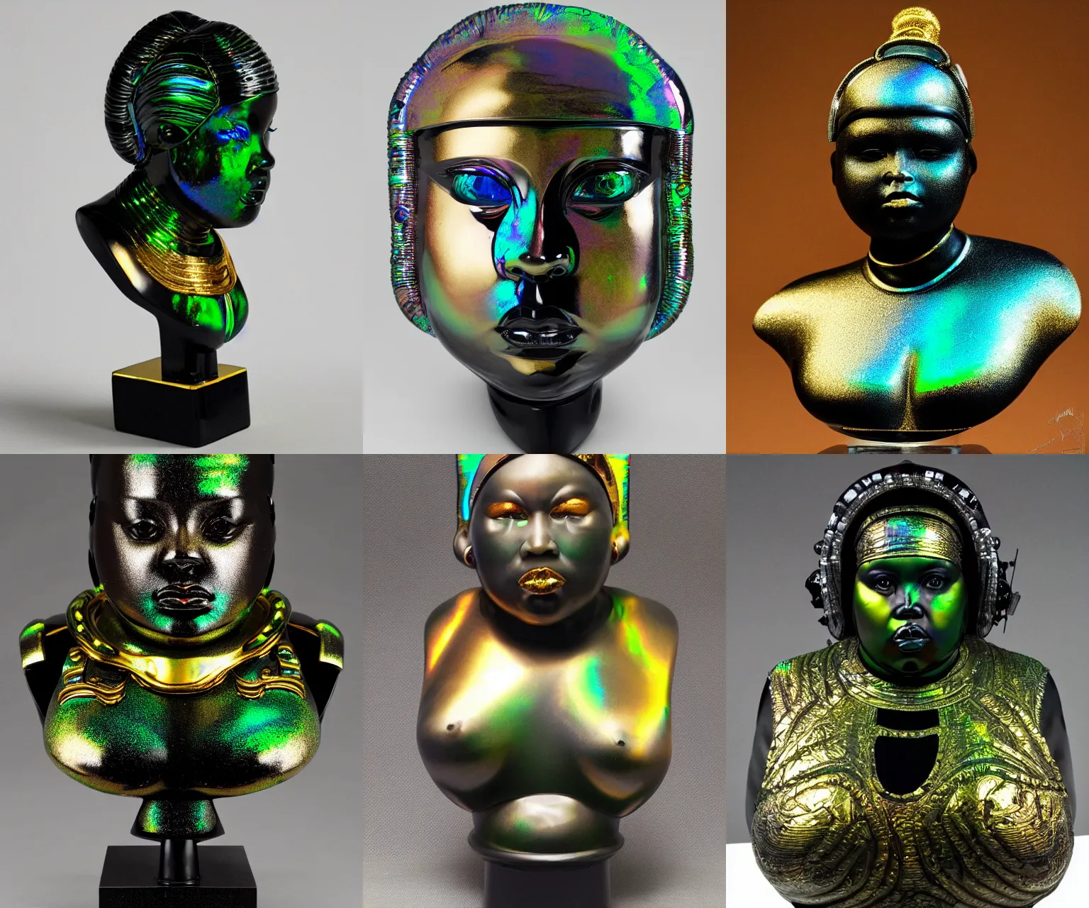 Prompt: intricate slightly iridescent and tanslucent realistic bust of futuristic obese angry beautiful cyborg astronaut black girl empress, glass and gold and jade, caustics, soft light