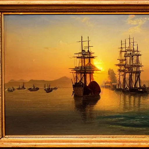 Prompt: 1 8 th century harbour, tall ships, sunset, high detail, orange hue