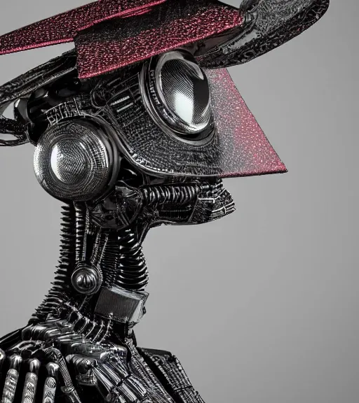 Image similar to a portrait of a extremely intricately detailed beautiful robot wearing on its head a highly detailed perfect render black graduation hat, realism. concept art. unreal engine 5, f / 1. 8, v - ray, ultra hd, 8 k, graduation photo, atmospheric beautiful background and beautiful lighting. hyper realism.