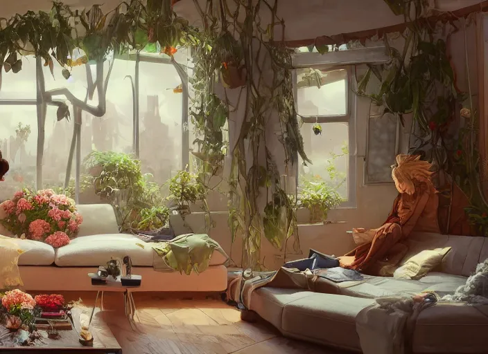 Prompt: inside a living room with flowers, thin contur lines, unreal engine, fantasy art by greg, loish, rhads, ferdinand knab, tom bagshaw, makoto shinkai and lois van baarle, rossdraws, ilya kuvshinov, night lighting, trending on studio ghibli, highly detailed, 8 k, octane render