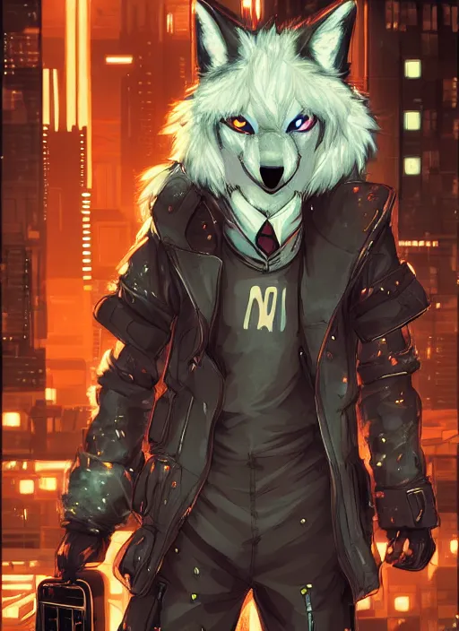 Image similar to character portrait of a male anthro wolf fursona with a tail and a cute beautiful attractive detailed furry face wearing stylish cyberpunk clothes in a cyberpunk city at night while it rains. hidari, color page, tankoban, 4K, tone mapping, Akihiko Yoshida.