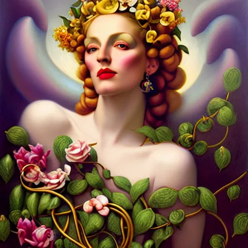 Image similar to dynamic composition, blonde woman with hair of spring flowers and vines wearing ornate earrings, ornate gilded details, pastel colors, a surrealist painting by tom bagshaw and jacek yerga and tamara de lempicka and jesse king, wiccan, pre - raphaelite, featured on cgsociety, pop surrealism, surrealist, dramatic lighting