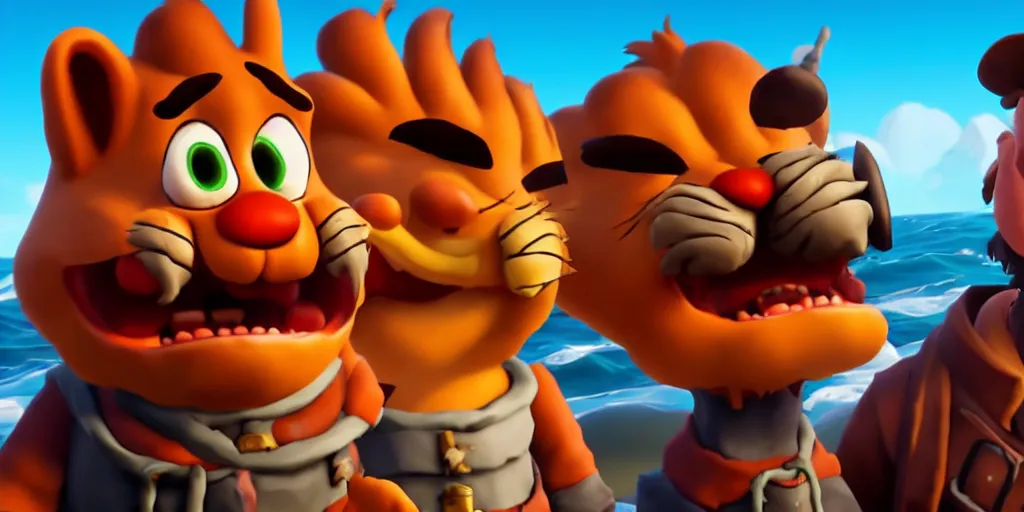 Prompt: selfie of garfield as a sea of thieves character, sea of thieves screenshot, storm, unreal engine, digital art