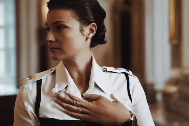 Image similar to cinematography closeup of a beautiful woman cop talking to her shoulder radio in an decadent mansion foyer by Emmanuel Lubezki