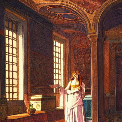 Image similar to a goddess in a liminal room, watercolor by leon battista alberti, limited color palette, very intricate, art nouveau, highly detailed, lights by hopper, soft pastel colors, minimalist