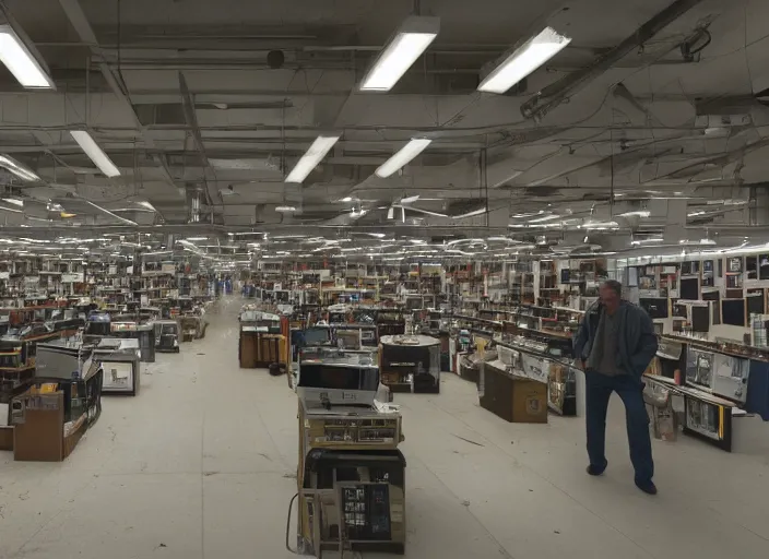 Image similar to cinematic wide shot of backlit windows of a narrow used electronics store, bryan cranston wanders the messy aisles, keyboards, iconic scene from the paranoid thriller sci fi film directed by wes anderson, anamorphic cinematography, beautiful composition, color theory, leading lines, photorealistic, volumetric lighting