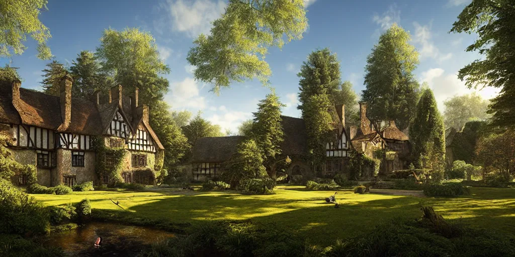 Prompt: a tudor manor house next to a pine forest, with a fishpond and courtyard, blue sky, sunny, detailed, volumetric, cinematic lighting, realistic, digital art by greg rukowski