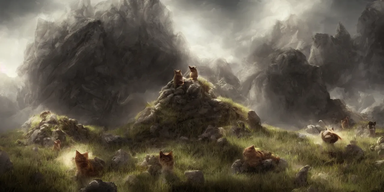 Prompt: portrait of cute cat soldiers traveling in tundra between pine trees underneath big mountains with giant clouds, facing the camera, digital painting by rembrandt, volumetric lighting, concept art, d & d, artstation, epic 8 k