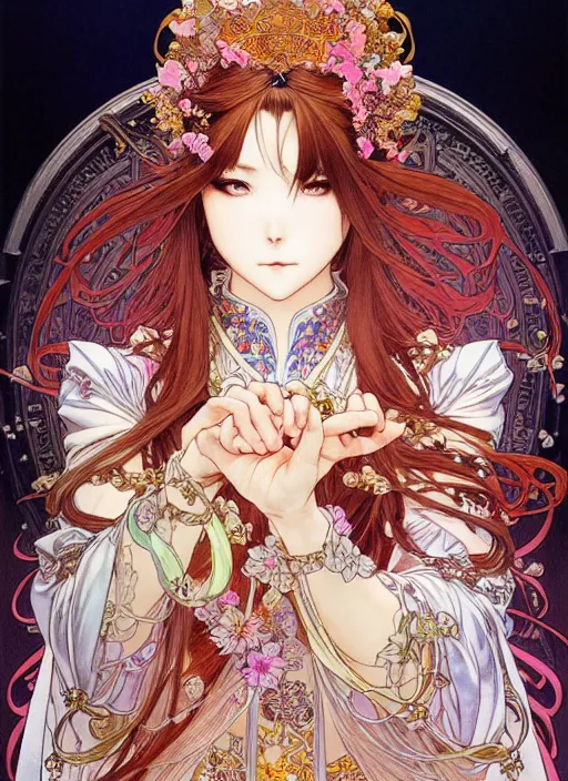 Image similar to highly detailed artgerm artstation minaba hideo fantastic fate katsuhiro otomo manga poster of dressed princess mechine, minaba hideo, alphonse mucha, long hair, armor, laces, ruffles, 8 k, fluorescent, maximalist, jump comics, art nouveau, takato yamamoto