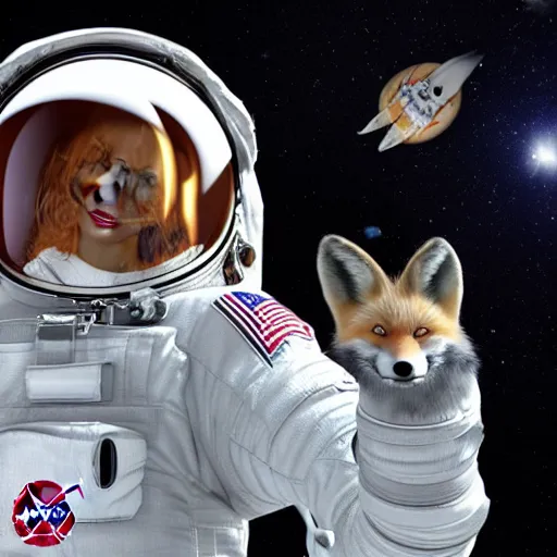 Image similar to a 3 d render of an astronaut in space holding a fox wearing lipstick