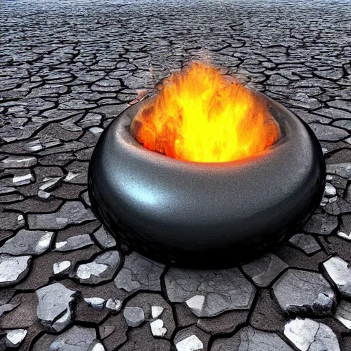 Prompt: giant shiny black spheres, crashed in the ground, cracks, gas fire in cracks, viewed from the side, hd photograph