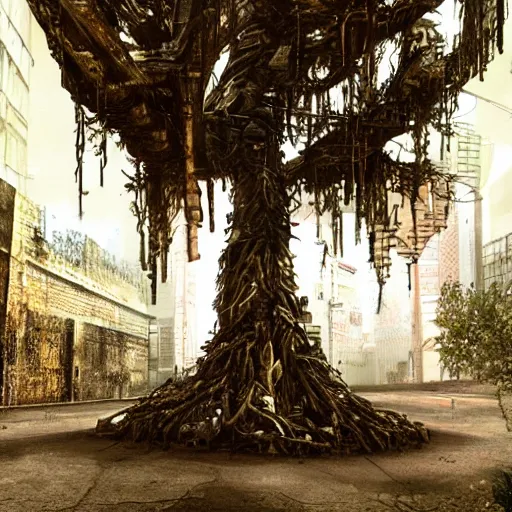 Image similar to a cyberpunk tree in the middle of a medieval city