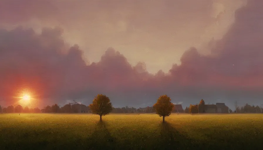 Image similar to field full of solar panels, sun in the sky, early morning, single tree, farmhouse, simon stalenhag