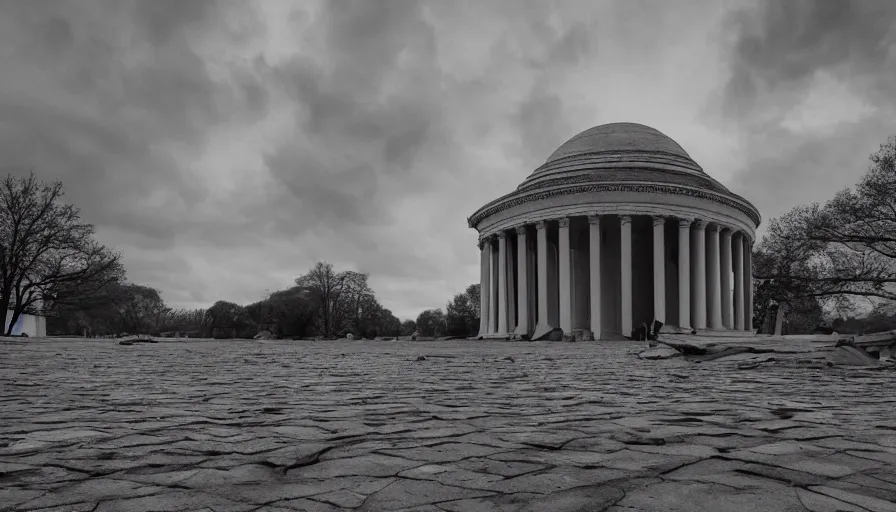 Image similar to destroyed jefferson memorial, cloudy day, debris, dust, hyperdetailed, artstation, cgsociety, 8 k